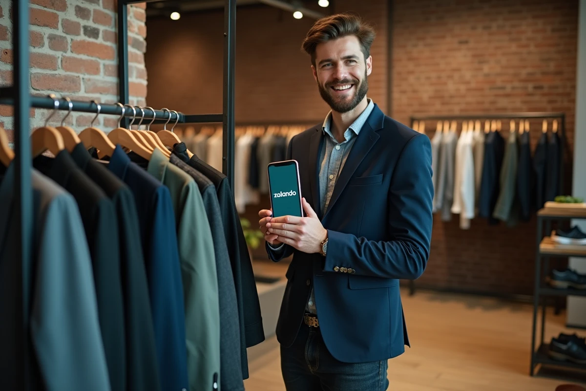 Homme tenant un smartphone avec l'application Zalando dans une boutique de mode moderne, illustrant l'univers de la marque