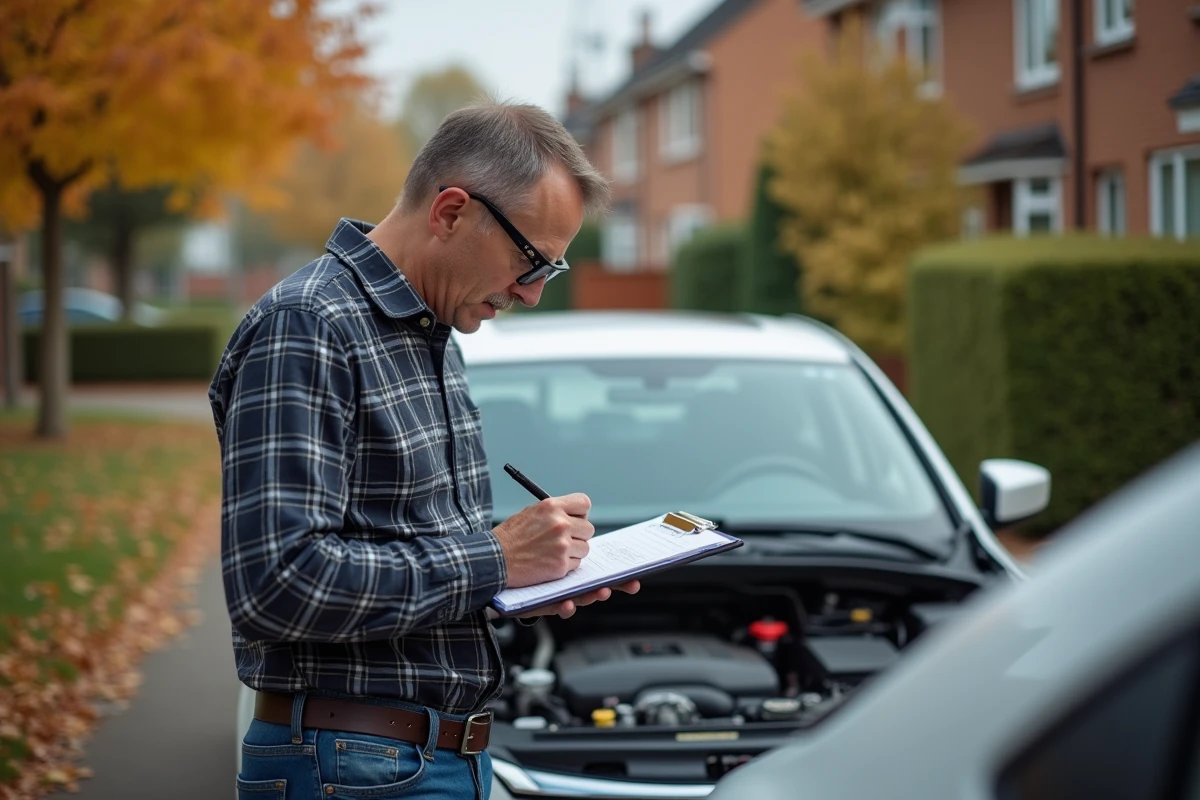Homme étudiant un moteur de voiture dans une cour résidentielle