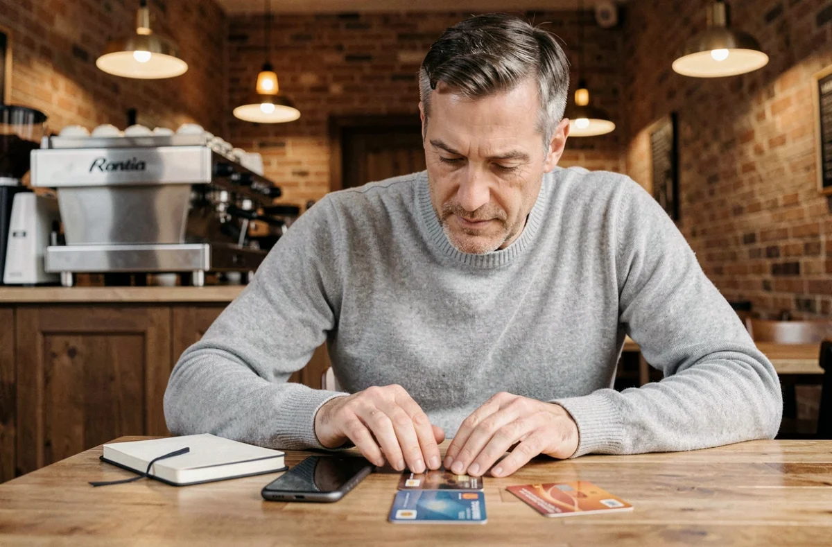 Homme comparant plusieurs cartes bancaires Crédit Agricole posées sur une table de café avec un carnet et un smartphone