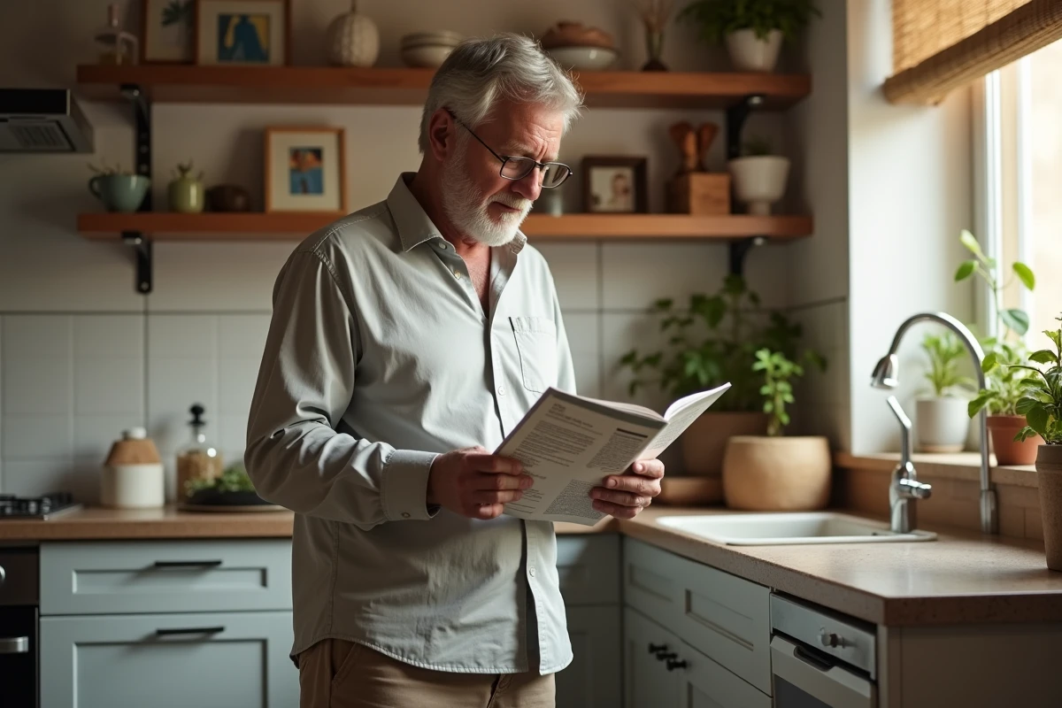 Homme examine un livret de santé dans sa cuisine chaleureuse