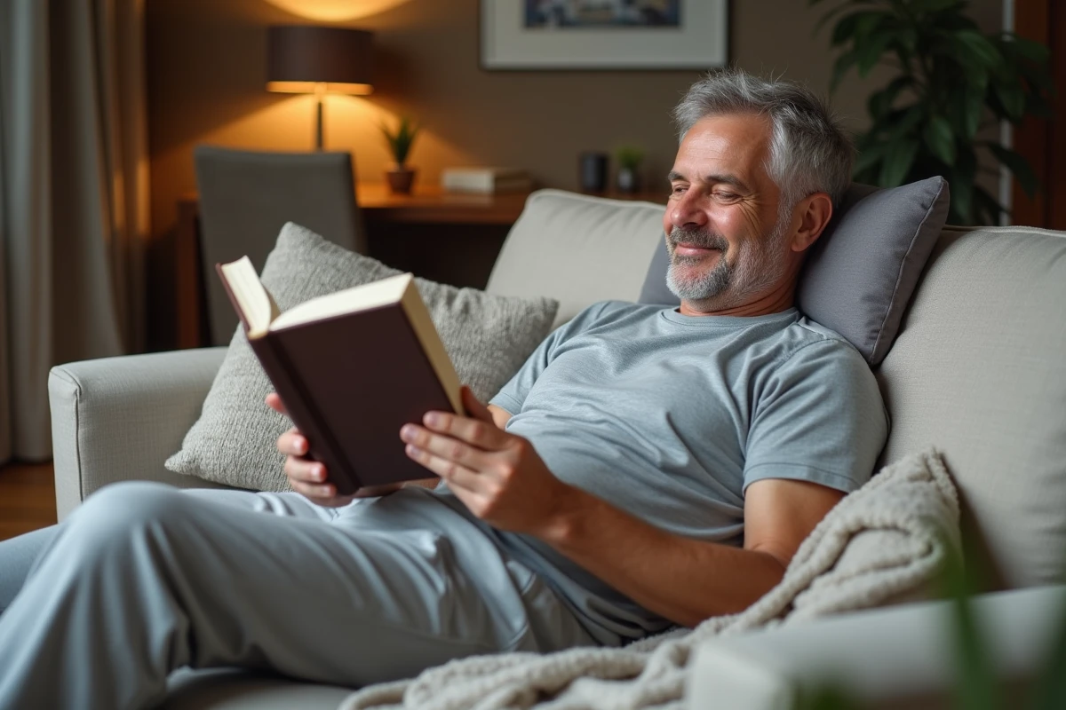 Homme détendu lisant sur un canapé avec coussin mémoire