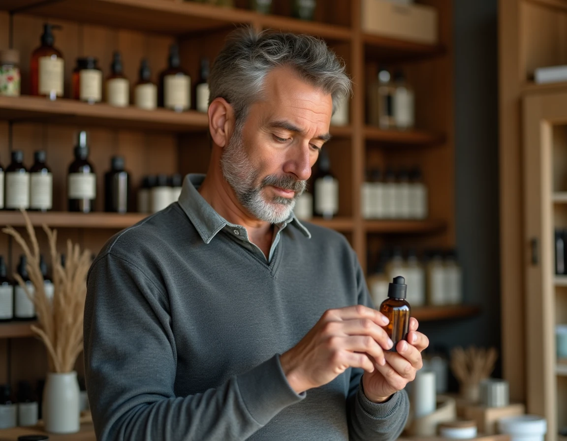 Homme à peau mature lisant l'étiquette d'un flacon de parfum naturel dans une boutique de cosmétiques bio