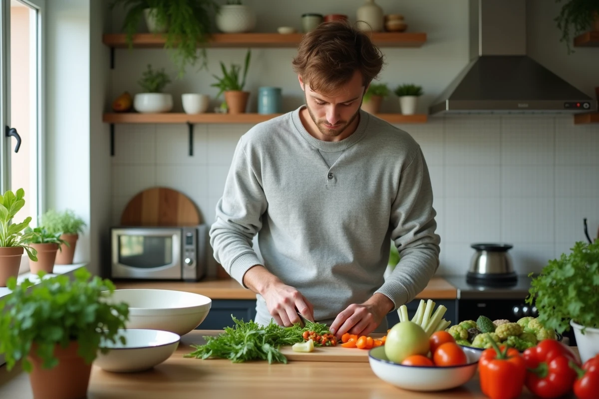 Jeune homme préparant une salade colorée dans la cuisine