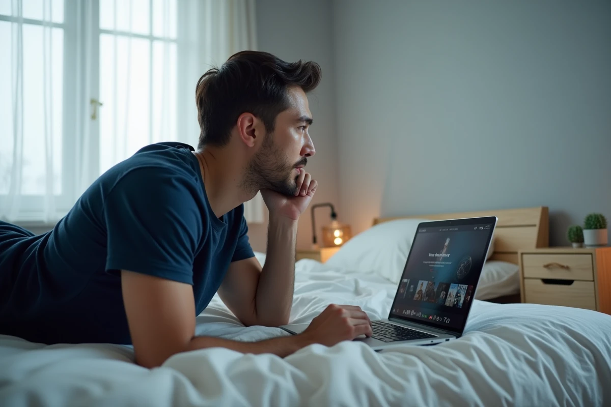 Homme allongé sur son lit regardant un film en streaming sur son ordinateur portable