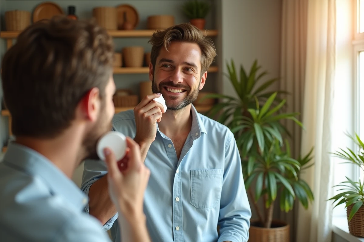 Homme appliquant un toner dans une chambre lumineuse