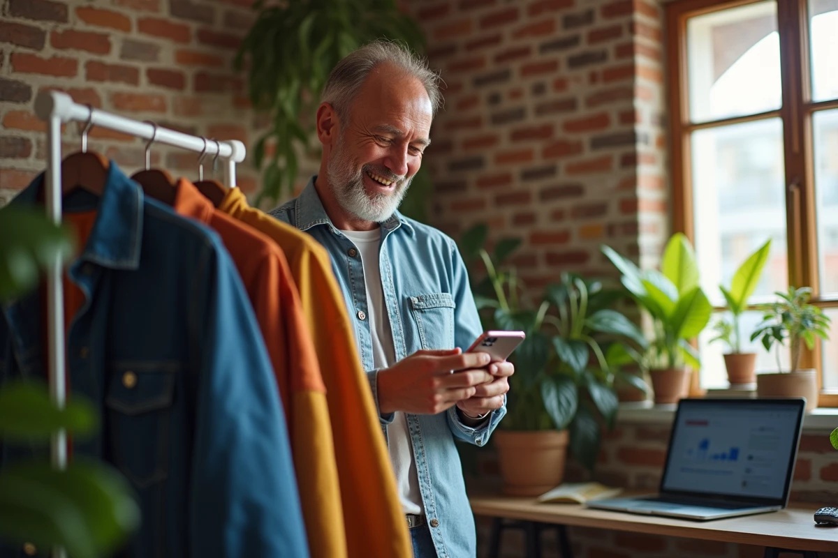 Homme souriant trie des vêtements sur une rack dans un bureau