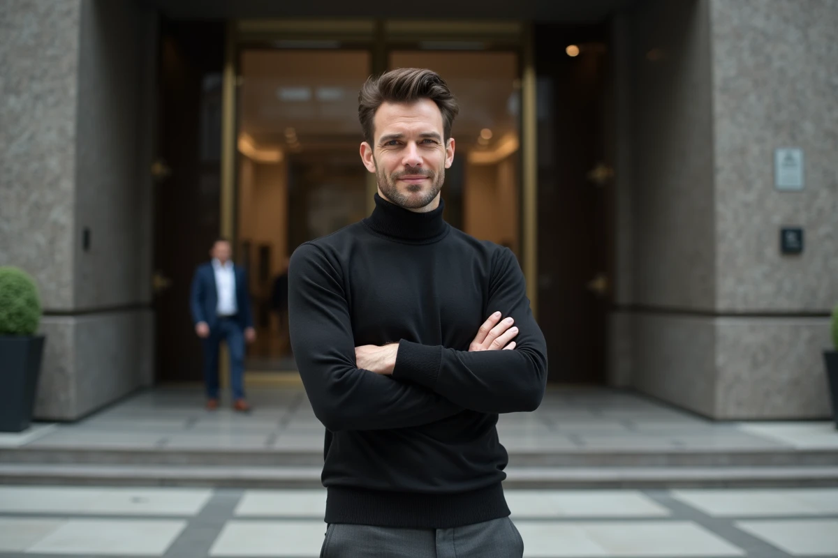 Ilan Tobianah Zeus alias posant devant un immeuble moderne en tenue élégante