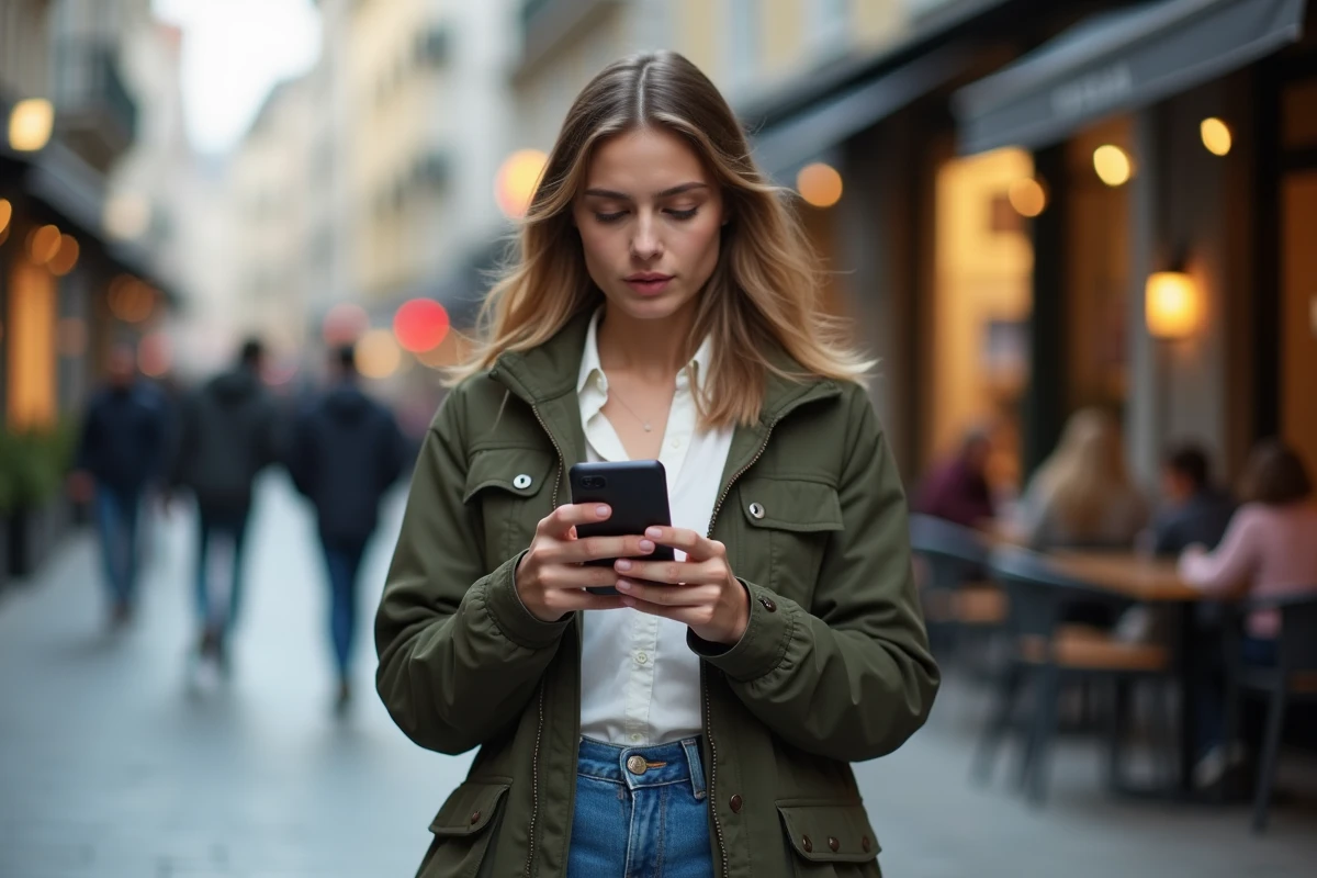 Jeune femme utilisant une application d'annuaire inversé sur son téléphone dans la rue