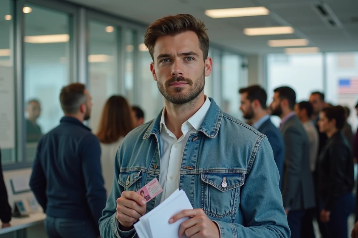 Jeune homme français en ligne à la mairie moderne