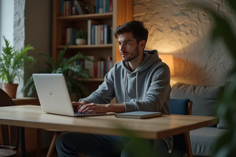 Jeune homme en hoodie regardant son ordinateur portable