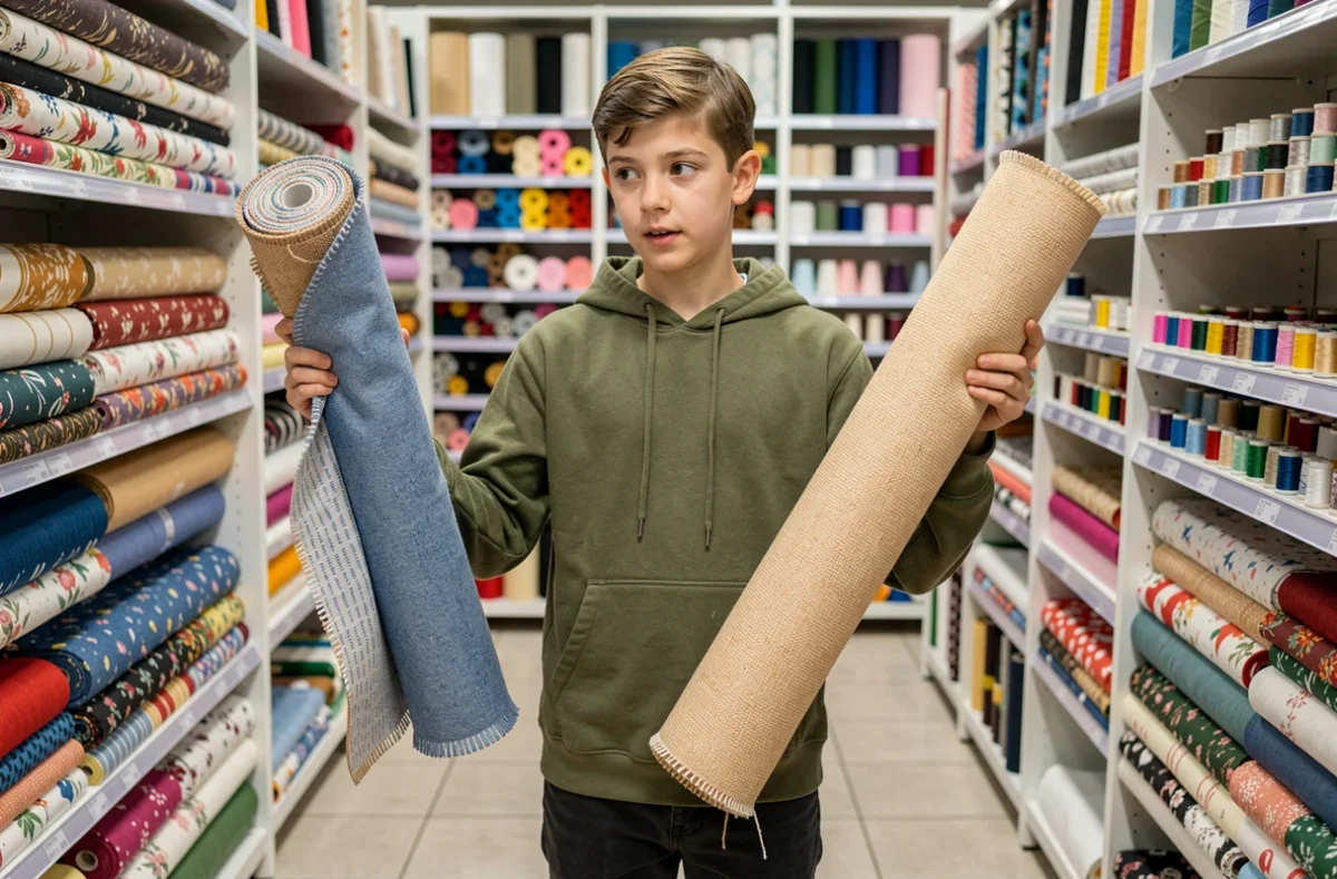 Jeune adolescent passionné de mode comparant des rouleaux de tissu dans un magasin de mercerie pour apprendre à devenir styliste