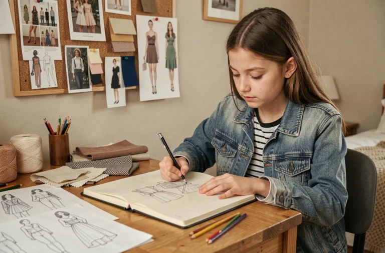 Jeune adolescente passionnée de mode dessinant des croquis de vêtements dans un carnet de stylisme sur un bureau créatif avec des échantillons de tissu et un tableau d'inspiration