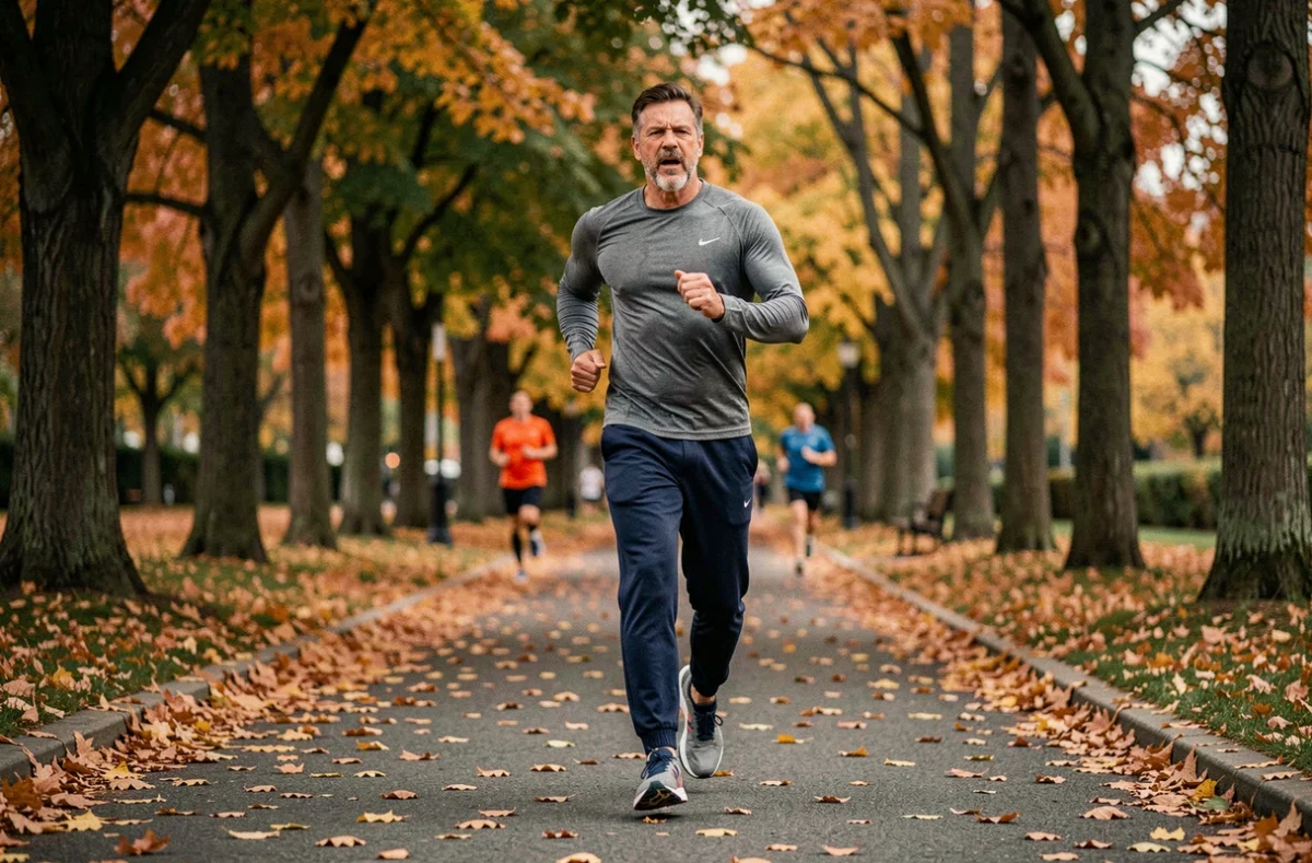 Homme en train de courir dans un parc en automne dans le cadre d'une routine sportive pour maigrir