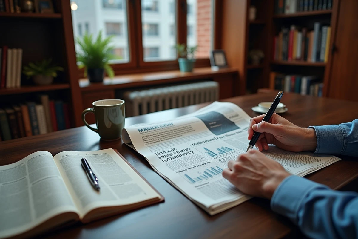 Gros plan de mains tenant un journal financier sur un bureau en bois avec un carnet de notes et un café, dans un bureau à domicile