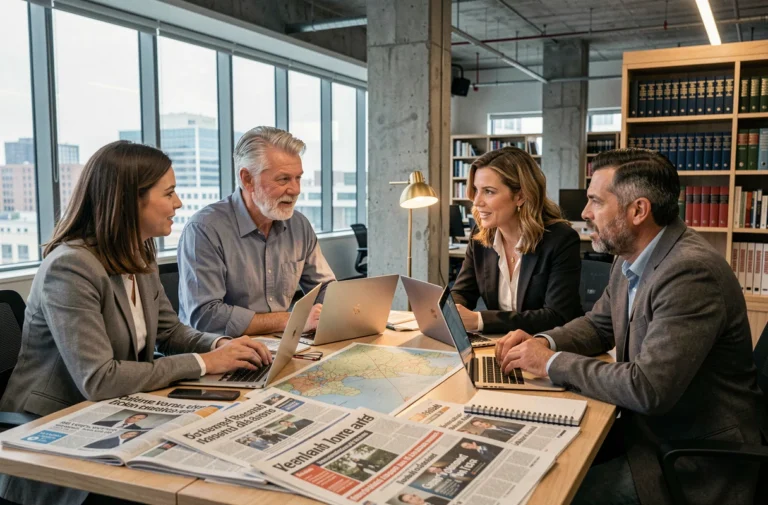 Journalistes internationaux réunis autour d'une table de rédaction analysant l'actualité mondiale avec journaux et ordinateurs portables