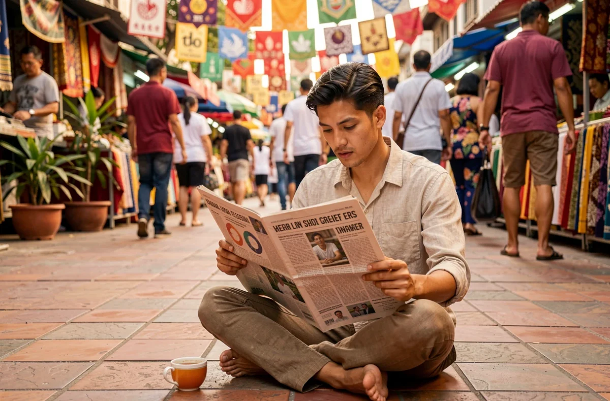 Jeune homme lisant un journal international sur une place animée en Asie du Sud-Est entouré de culture locale