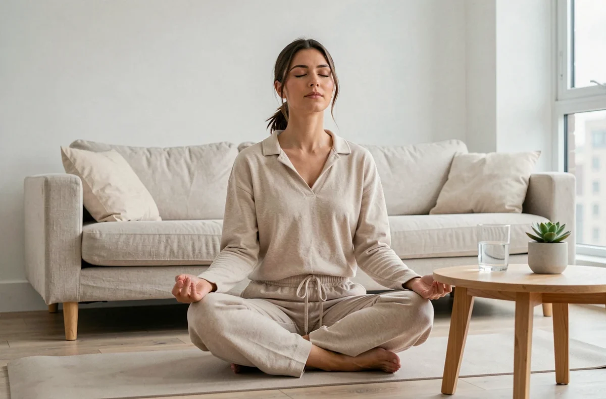 Femme pratiquant la méditation et la pleine conscience chez elle comme approche complémentaire à la perte de poids