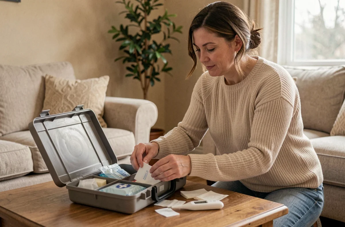 Femme adulte qui organise une trousse de premiers secours ouverte sur une table basse dans un salon, geste calme et préparé pour les urgences sanitaires à domicile