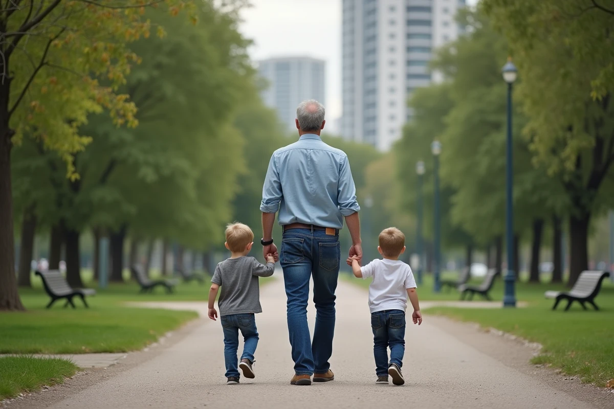 Père et deux garçons marchant dans un parc urbain