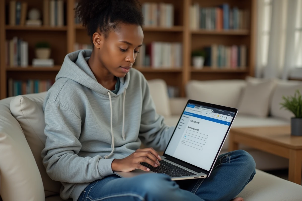 Jeune adulte configurant les paramètres de messagerie EDF sur Outlook depuis son salon
