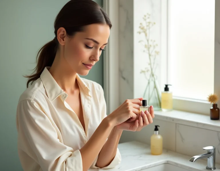 Femme aux peaux sensibles testant un parfum sur le poignet dans une salle de bain minimaliste en marbre blanc
