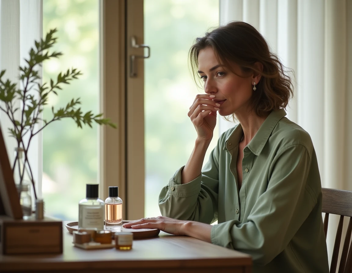 Femme à peau sensible appliquant un parfum sur son vêtement plutôt que sur la peau, devant une coiffeuse en bois