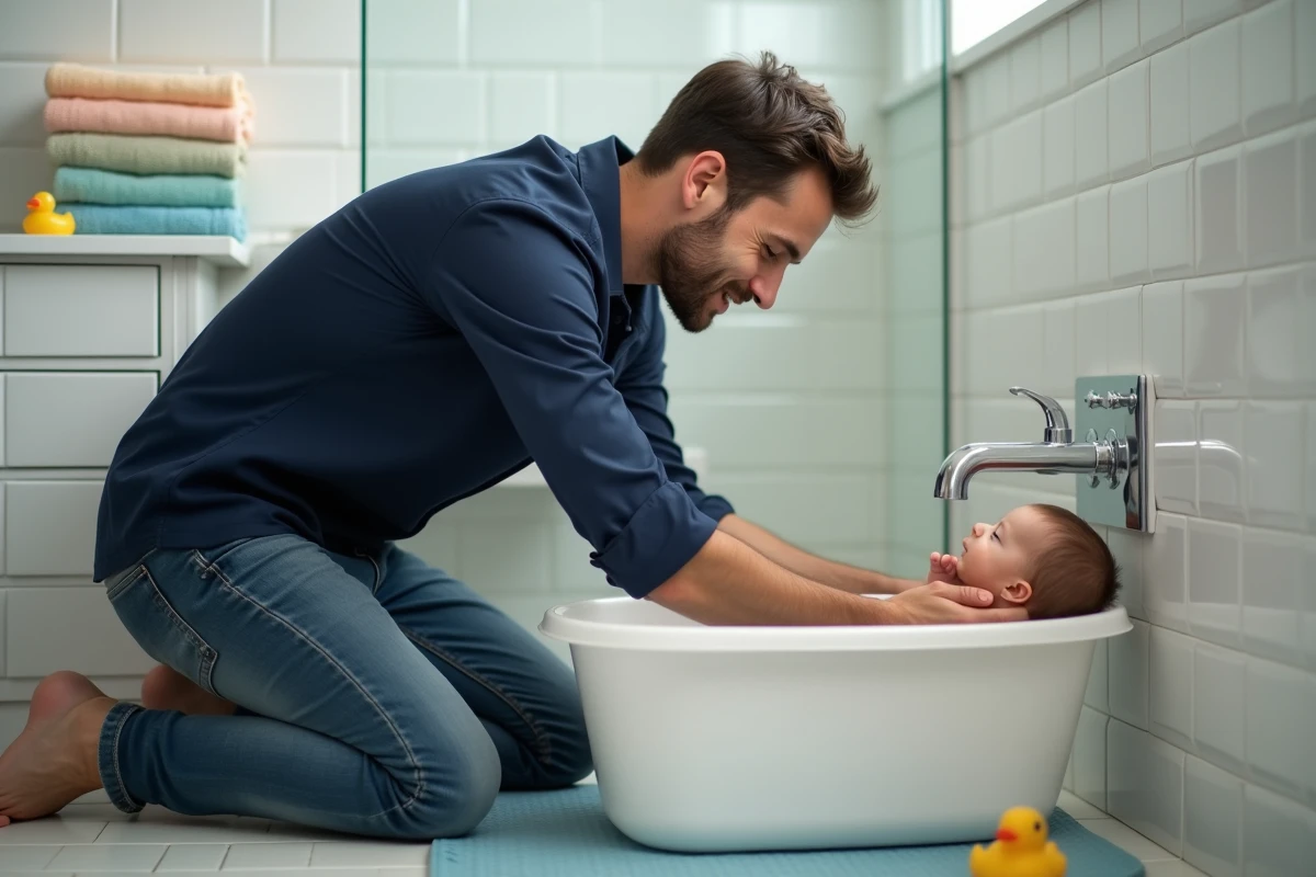 Père donnant le bain à son bébé dans une petite baignoire blanche, scène parentale naturelle et apaisante
