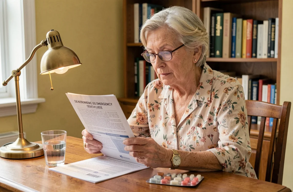 Femme âgée assise à un bureau à domicile qui lit attentivement un guide de santé d'urgence avec ses lunettes, médicaments et verre d'eau à portée de main