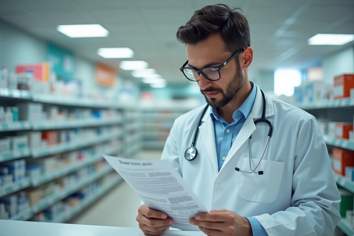 Pharmacien consultant une notice d'information sur les effets secondaires d'un médicament anxiolytique incluant la prise ou perte de poids