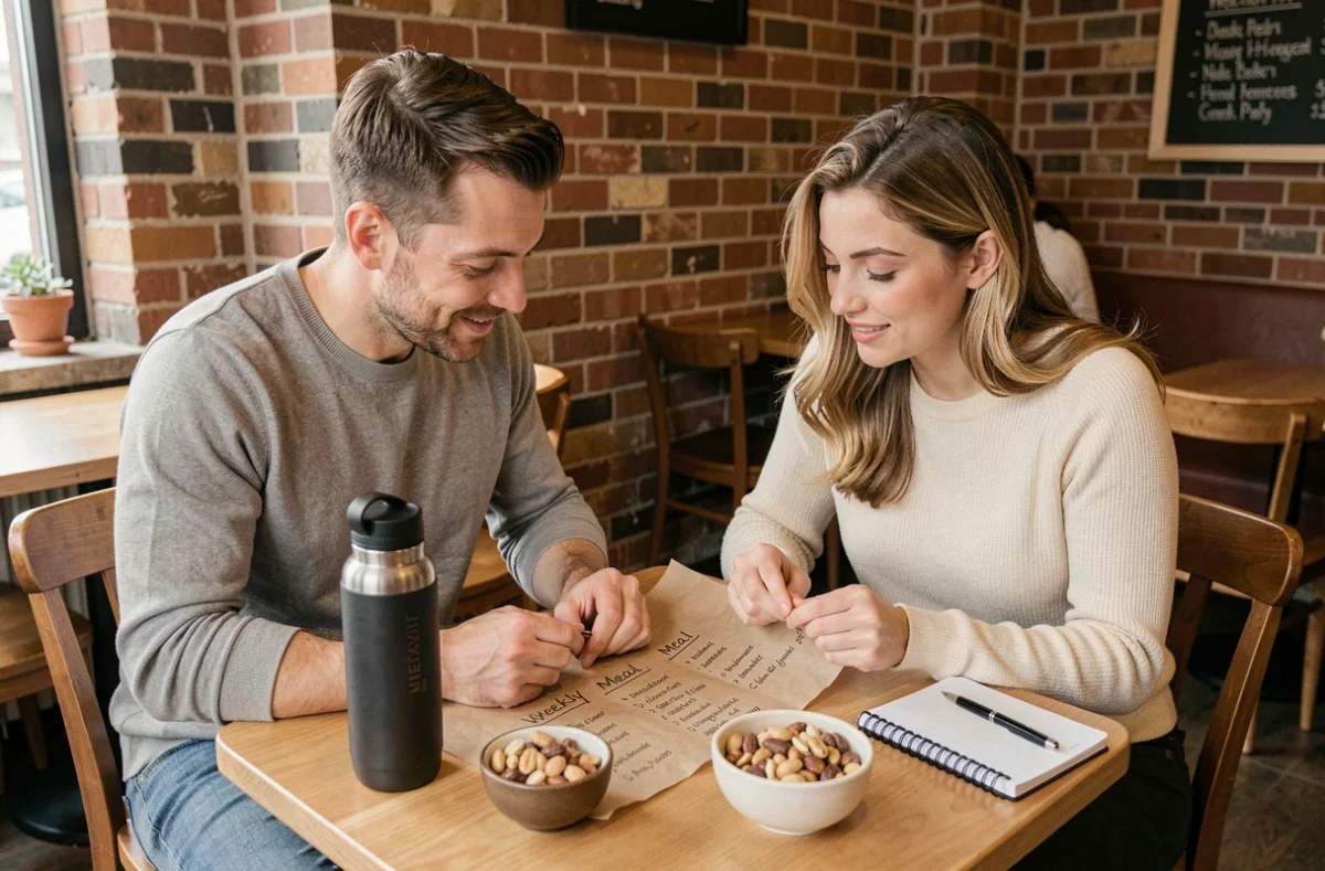 Deux amis planifiant ensemble un programme alimentaire équilibré dans un café pour atteindre leurs objectifs de perte de poids