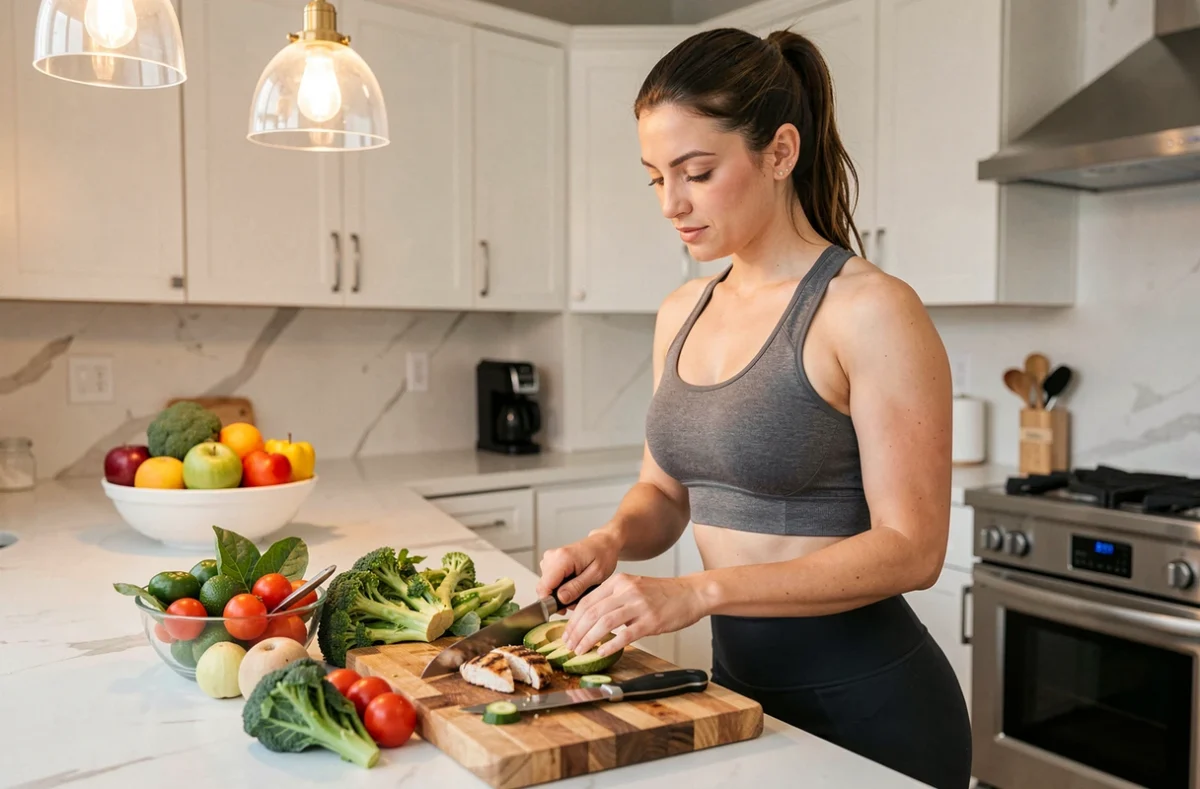 Femme préparant un repas sain et équilibré dans une cuisine moderne pour perdre du poids durablement