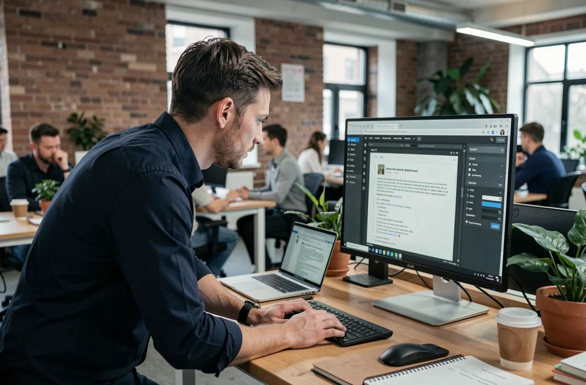 Rédacteur en espace de coworking analysant le comptage de caractères sur un grand écran de travail