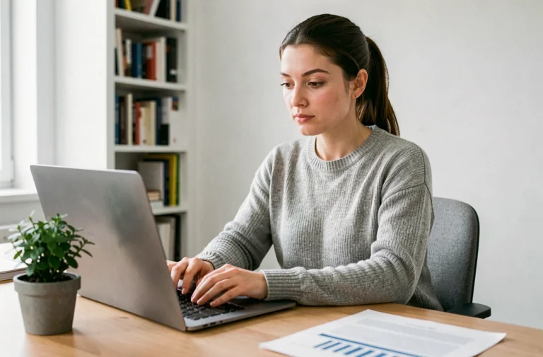 Rédactrice web utilisant un compteur de caractères sur son ordinateur portable dans un bureau moderne