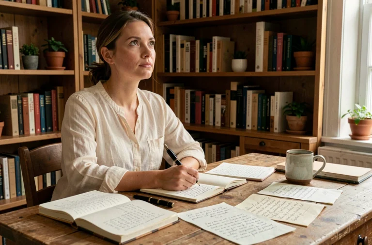 Femme écrivain rédigeant un texte narratif dans un bureau chaleureux entouré de carnets et de livres