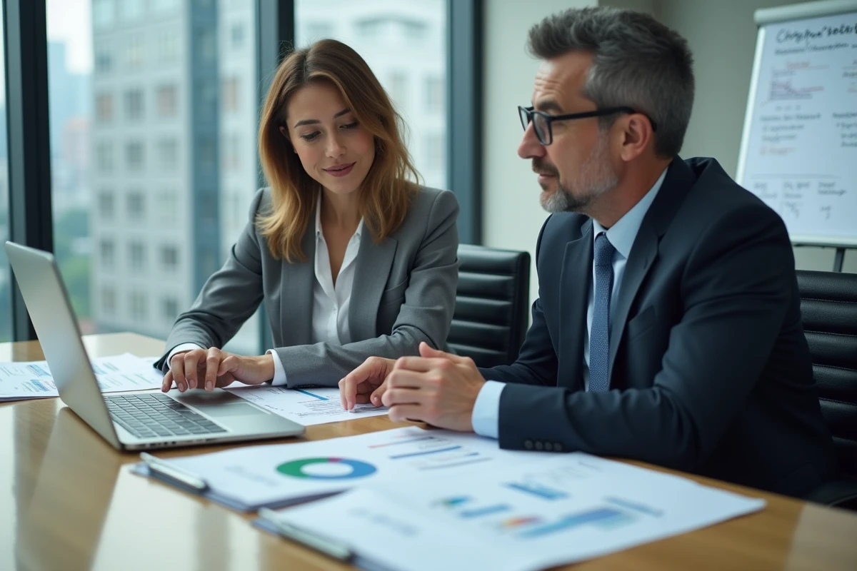 Deux professionnels en réunion analysant des rapports de gestion de caisse digitale dans une salle de conférence d'entreprise