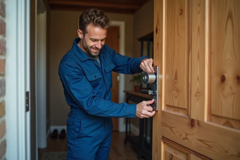 Serrurier posant une serrure moderne sur une porte en bois