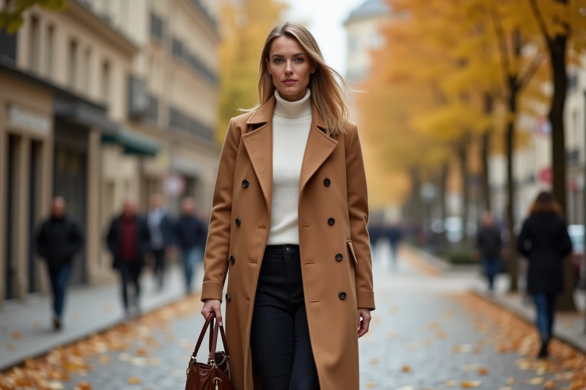 Femme élégante en manteau camel et col roulé blanc marchant dans une rue parisienne en automne, look chic et tendance