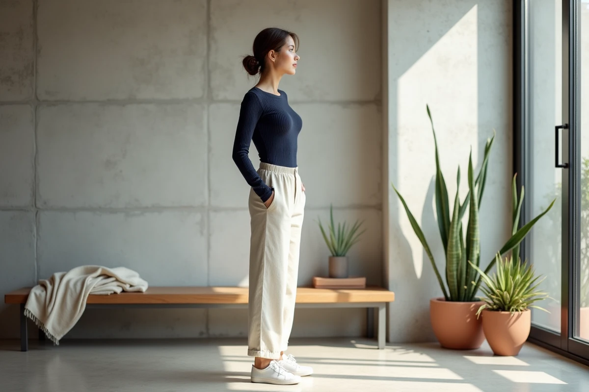 Femme tendance en pantalon lin écru et top marine dans un appartement minimaliste, look casual chic toutes saisons