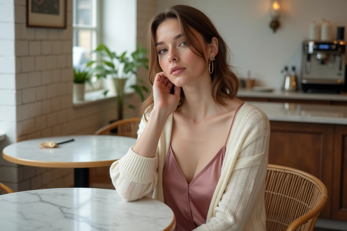 Femme chic en robe midi en soie rose et cardigan ivoire assise dans un café parisien, style tendance printemps-été