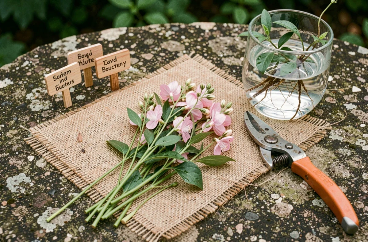 Gros plan sur des tiges de gaura préparées pour la bouture avec des outils de jardinage sur une table en pierre